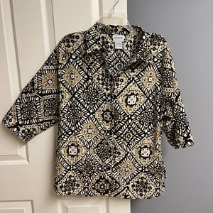 Bon Worth Black Brown Diamond Blouse, 3/4 Sleeve, Button, Woman Petite L…